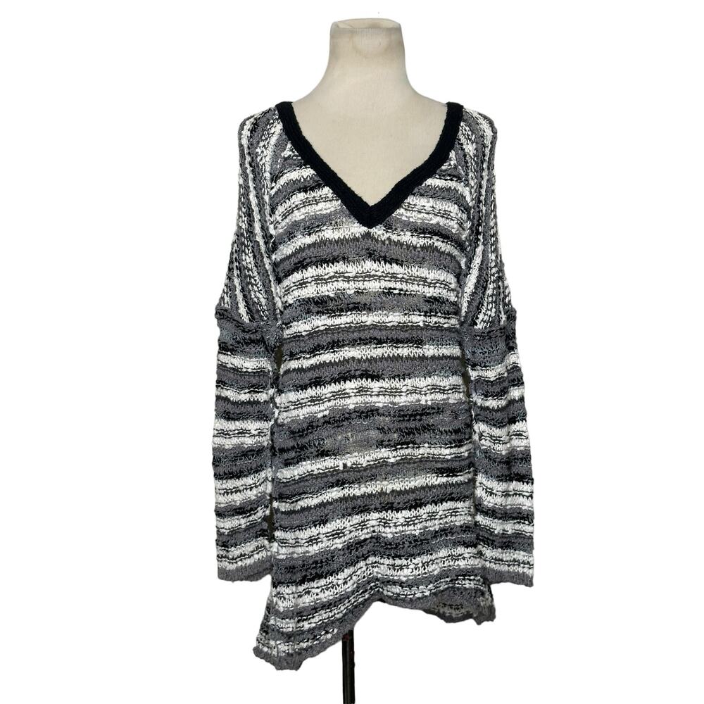 Free People gray white striped open knit v neck oversize sweater size XS